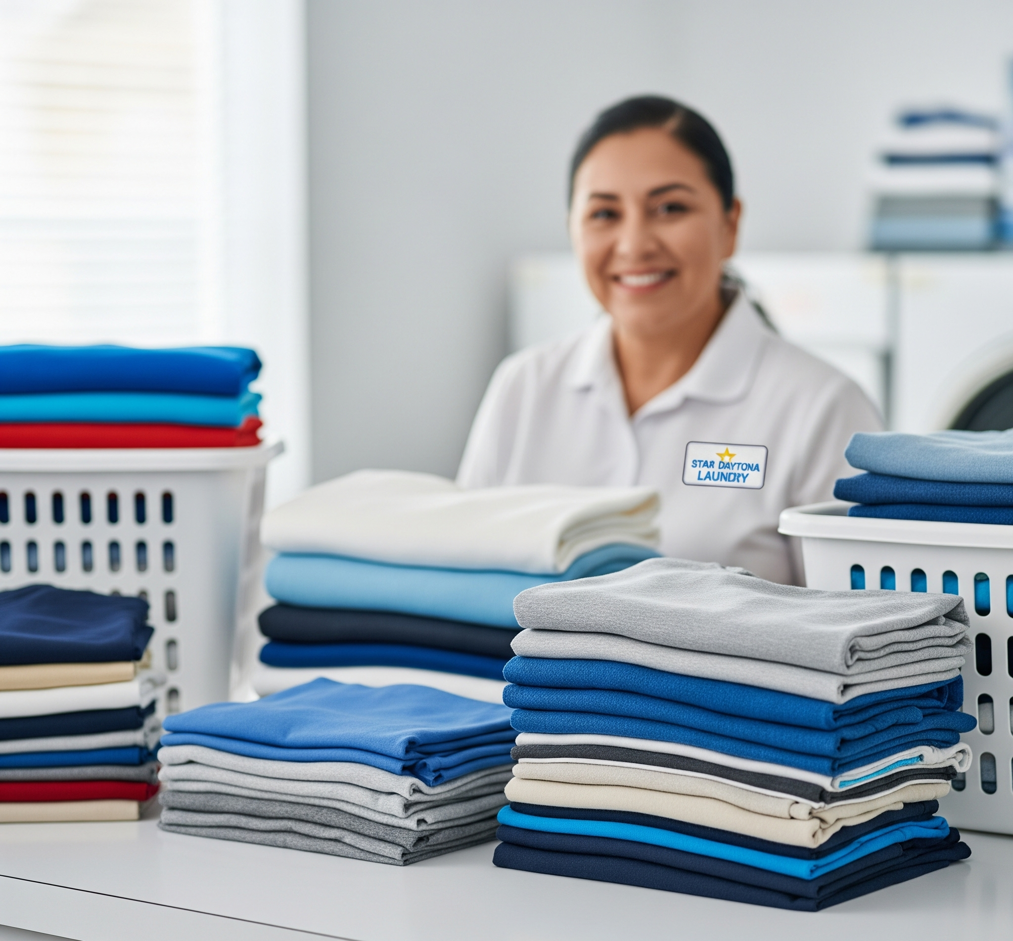 Neatly Folded Stacks Of Clothes, Some In Laundry Baskets And Some On A Clean Counter. In The Background, You Can See A Friendly Star Daytona Laundry Staff Member